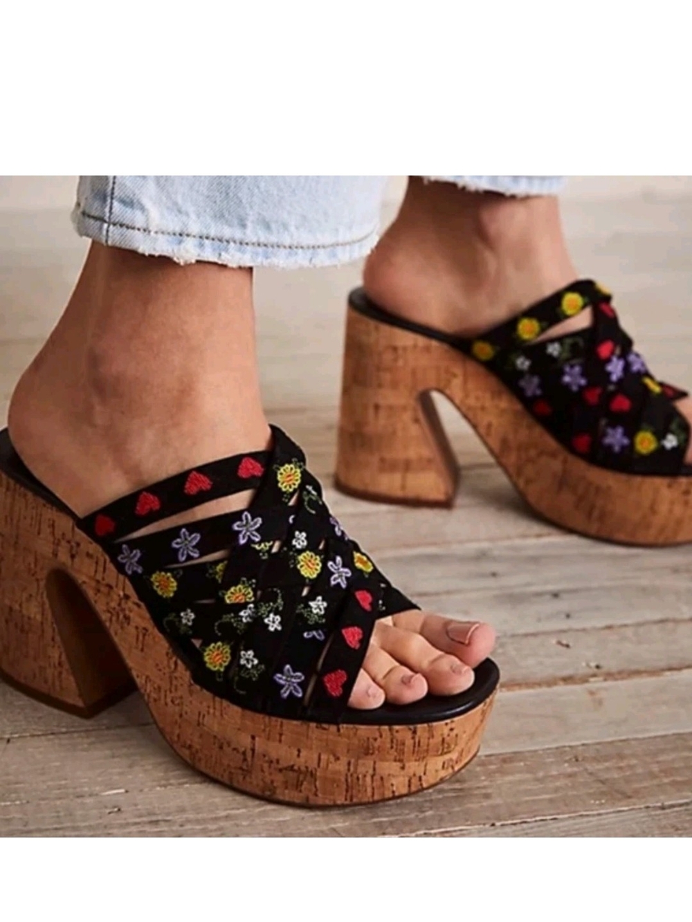 FREE PEOPLE Platform Mules Black Lisbon Suede Clogs Floral Velvet Mules Size 8
